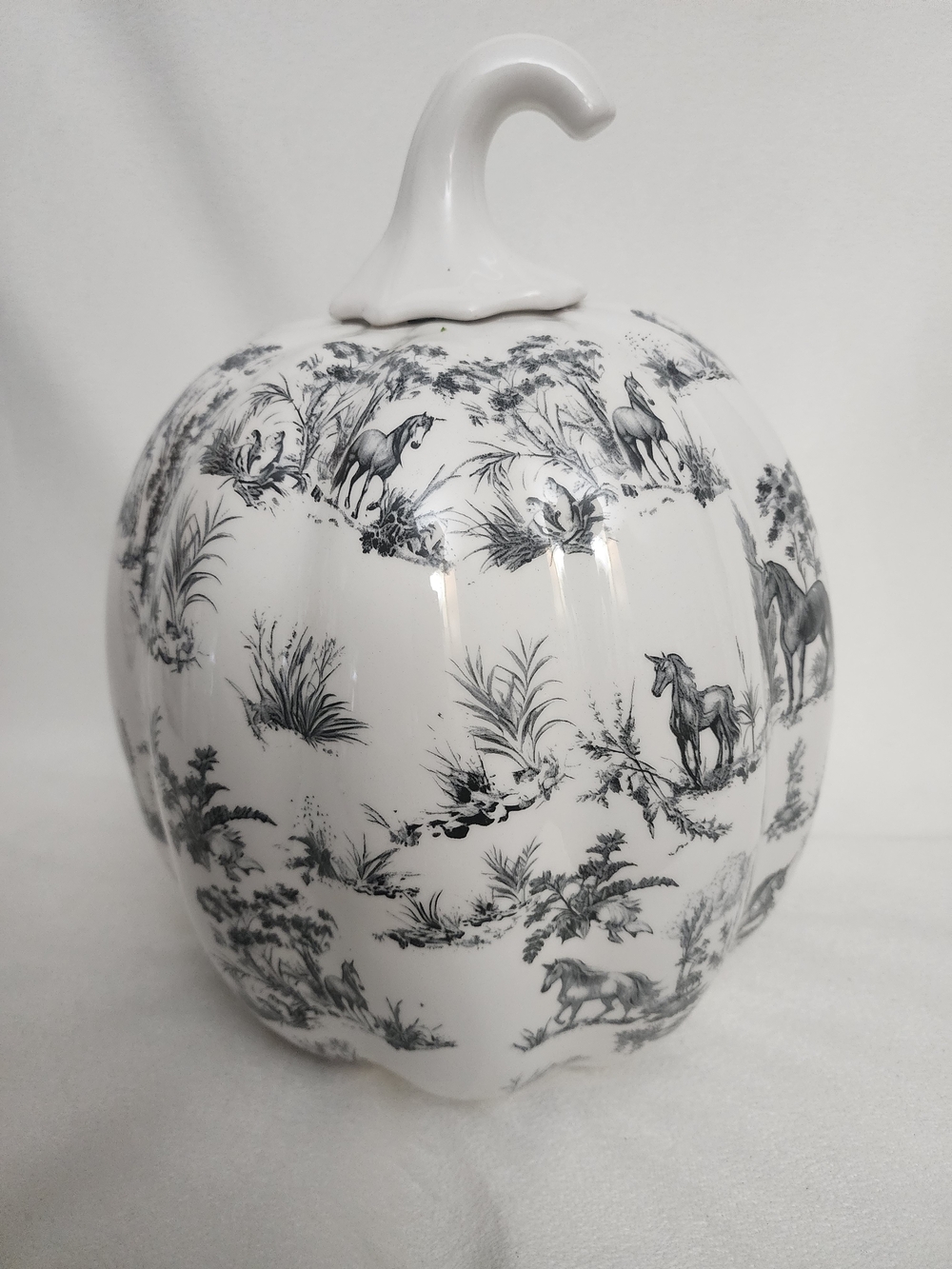 Decorative White Porcelain Pumpkin Jar with Horse Toile Design